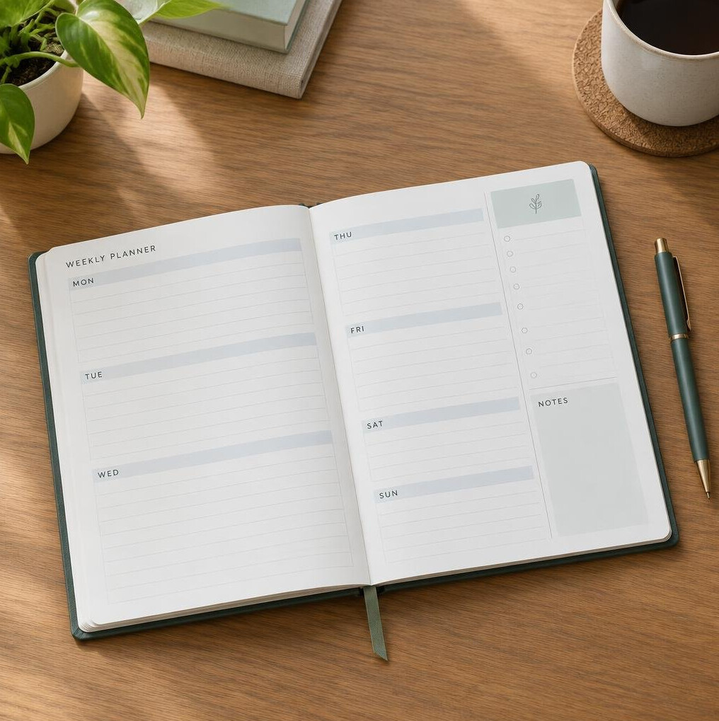 Weekly planner calendar with a pen on a table