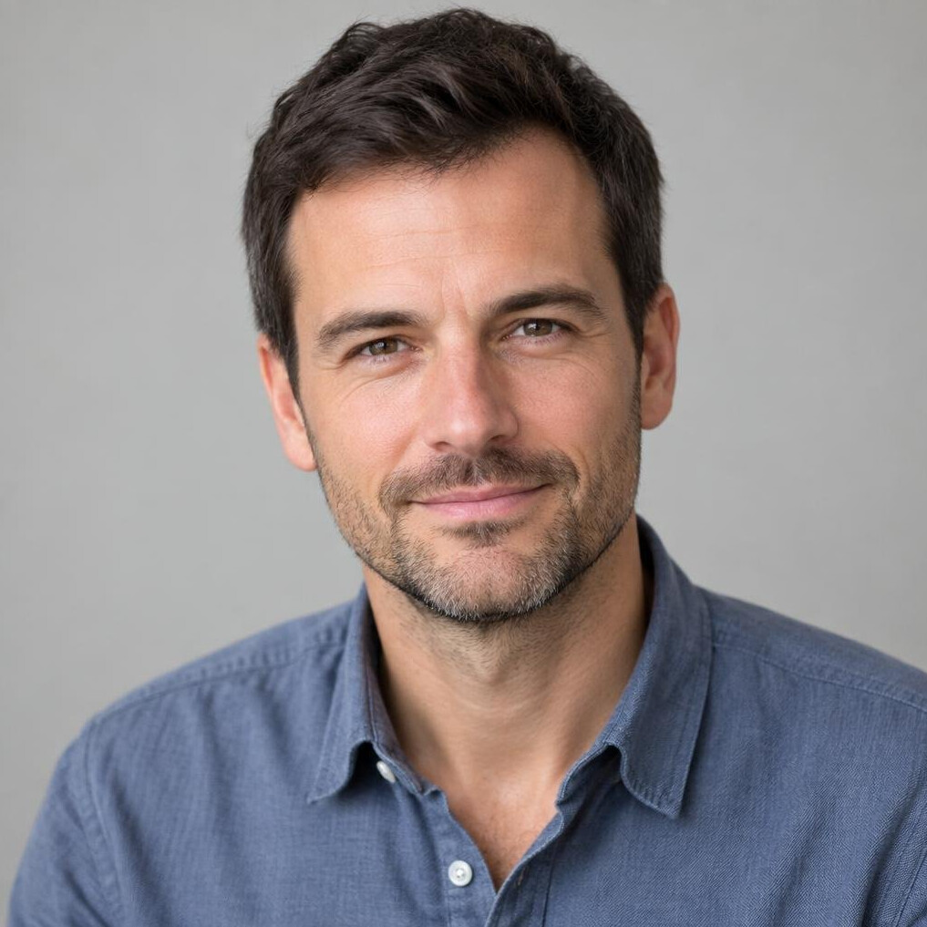 Portrait of a man with short dark hair and a light beard