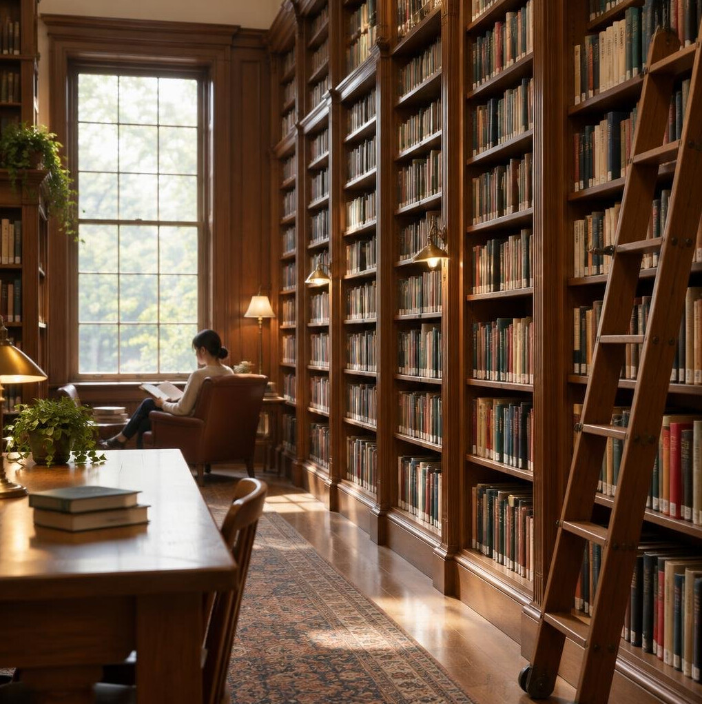 Tall library shelves full of books