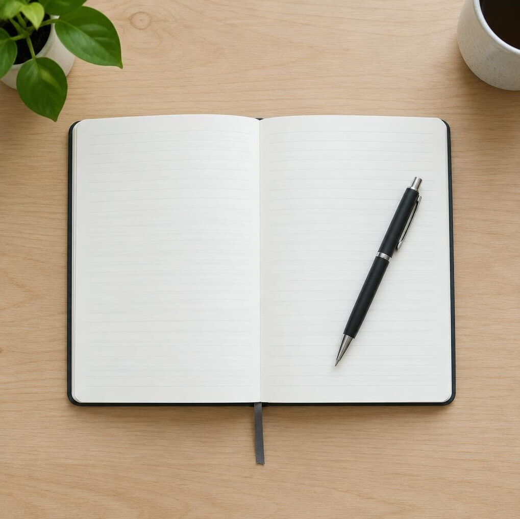 Notebook and pen on a wooden desk seen from above