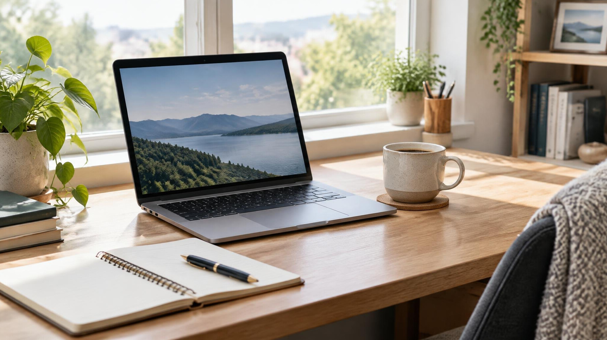 Tidy desk with laptop, notebook and coffee cup in bright natural light