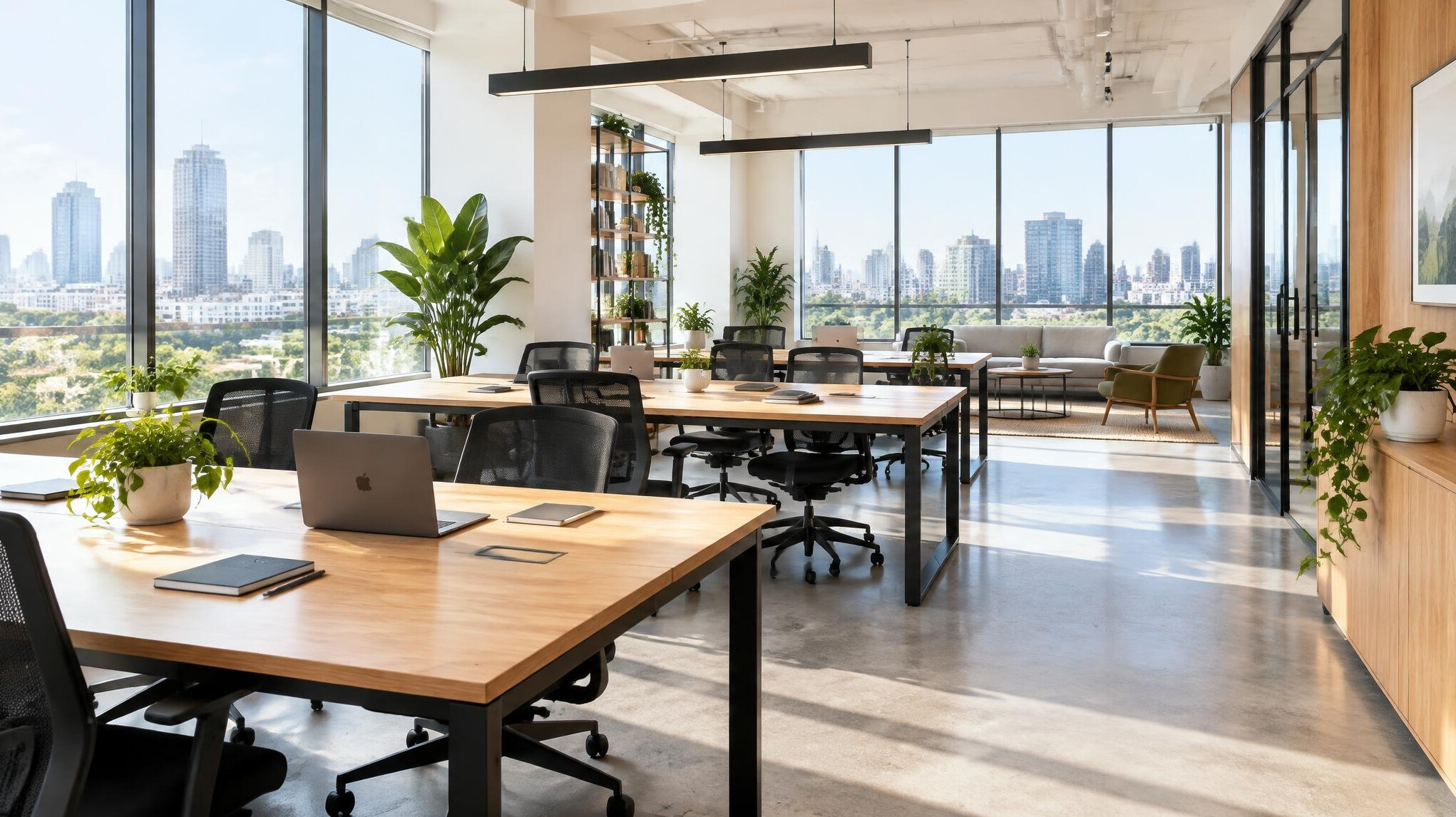 Modern bright workspace with large windows and desks